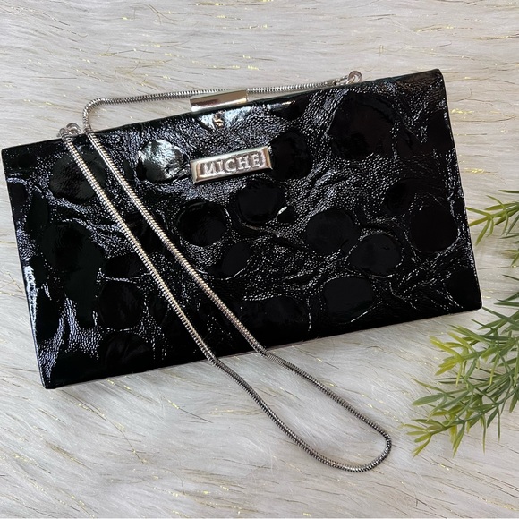 MICHE Black animal Print Faux Leather Silver tone Evening Clutch Bag NWOT - Picture 2 of 15
